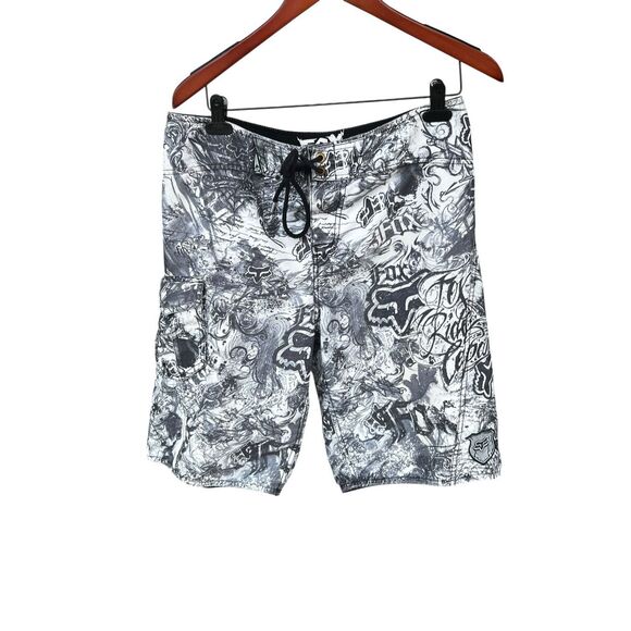 Fox Racing Board Shorts Mens 33 Black White Graphiti Cargo Pocket Unlined - Picture 1 of 6
